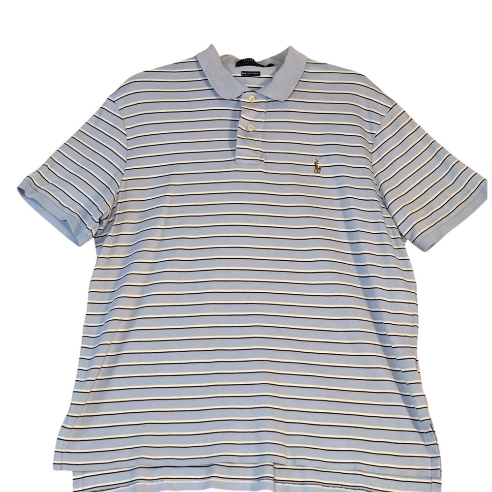 Men's L GOLF Polo Ralph Lauren Polo Shirt Pima Soft Blue Striped Flesh Pony NICE